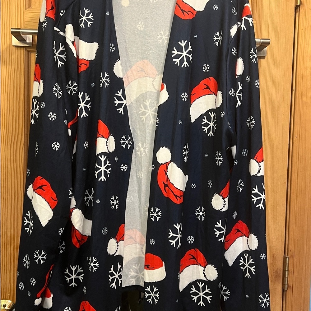 Festive Navy Blue Santa Hat Buttonless Cardigan Lightweight Oversized Sz XXL